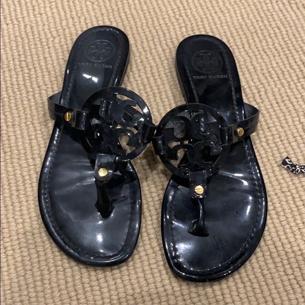Tory Burch black patent sandals, worn, sz 8.5